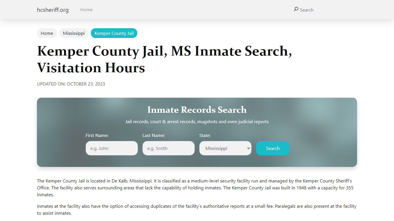 Kemper County Jail, MS Inmate Search, Visitation Hours